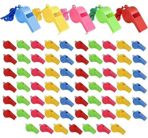 Confezione da 72 fischietti in plastica, Fischietto, fischietti Sportivi con Laccio da Collo, Adatti per Allenatori, arbitri, Insegnanti (5 Colori)