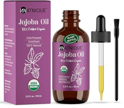 Natnique Organic Jojoba Oil – Brush Included – USDA Certified, Cold Pressed, Unrefined & Hexane-Free – Pure Moisturizer for Hair, Face, Skin, Beard, Scalp, Nails & Cuticles – Natural Care (2 oz)