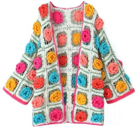 Pulcykp Dam handgjord blomma virkad tröja cardigan bohemisk ihålig grovt garn stickad topp, mång, en storlek