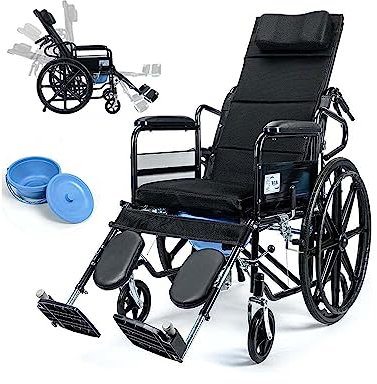 Fauteuil roulant inclinable, chaise de toilette pliante, chaise de douche, fauteuil roulant manuel amovible à dossier haut, entièrement inclinable, avec accoudoir rabattable pour adultes, personnes
