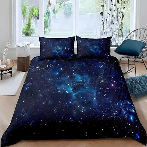 Bettwäsche 135x200 Blaues Galaxie-Design Jugend, Sternenhimmel Deko Weltraum Bettwäsche-Sets aus Weiche Atmungsaktiv Microfaser, Bettbezug 135 x 200 und Kissenbezug 80x80 cm für Einzelbett, Z13