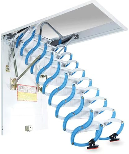 Scala retrattile per soffitti, montaggio a parete, pieghevole, salvaspazio, design blu e bianco per un facile accesso alle soffitte