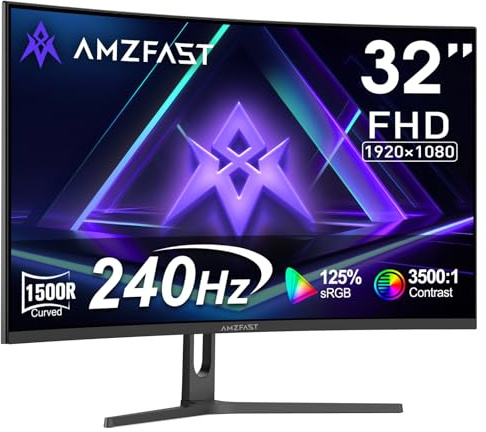 Amzfast 32 Inch 240Hz Curved Gaming Monitor - FHD 1920x1080, PC Monitor with 1500R VA Panel, 1ms MPRT, 120% sRGB, HDR, Adaptive-Sync, Eye-care, VESA 75x75mm, HDMI 2.0/DP 1.4 - AMZG32C1F