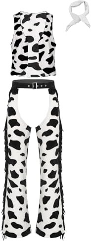Sholeno Cowboy Outfits for Men Retro Cow Spot Print Open Front Vest Hollow Out Chaps with Pants White Large