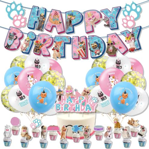 35 pezzi, decorazione per feste di compleanno per animali domestici, gatti, a tema, accessori per feste, topper per animali, Happy Birthday, palloncini per torte per gattini, decorazioni di compleanno