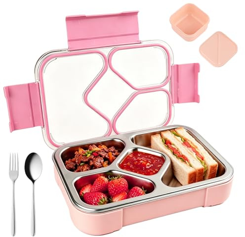 Edelstahl Brotdose Kinder,1020ml Metall Bento Lunchbox mit 4 Fächern Auslaufsichere Brotbox Kindergarten Kita Schule Sandwichbox Brotzeitdose Vesperdose Brotbüchse,mit Löffel und Gabel geliefert(Rosa)