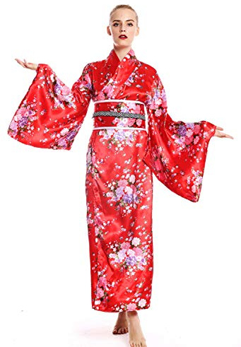 dressmeup - W-0289 Costume dame femme carnaval geisha japonaise chinoise kimono rouge fleur de cerisier
