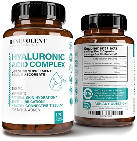 Hyaluronic Acid Supplements 250mg with 200mg Vitamin C, 1000mg L-Proline & Anti-Aging Benefits, Hyaluronic Acid Capsules for Youthful Skin, Joints & Connective Tissue Health - 120 Capsules