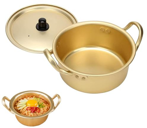 Korean Ramen Noodle Pot with Handles, 16cm Small Aluminum Everyday Pan Golden Induction Hob Cooking Pots Noodle Bowl Kitchen Cookware with Lid for Soup, Noodle, Pasta