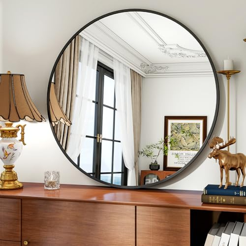 Koonmi runder Wandspiegel 91 cm, Metallrahmen, Schwarz | Badspiegel zum Aufhängen oder Anlehnen für Eingangsbereich, Waschraum und Wohnzimmer, dekorativer Metallrahmen