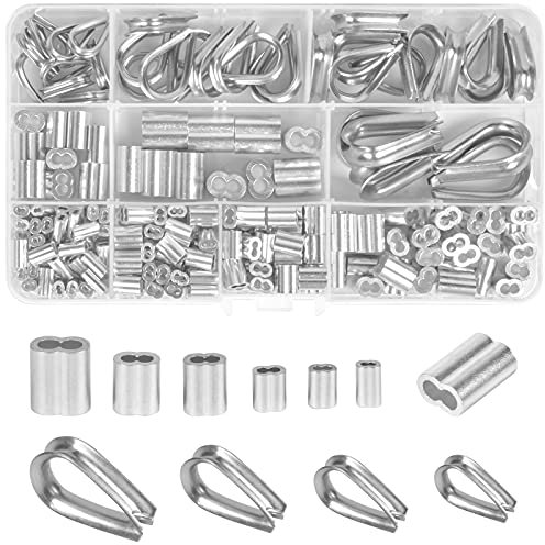 225 Stück Edelstahl Drahtseil Fingerhut und Aluminiumhülsen Clips, M1.2-M5 Drahtseil Kabel Kauschen und Aluminium Crimpschlaufen-Hülsen-Sortiment Set für Drahtseil Kabel Stahlseil Thimble Rigging