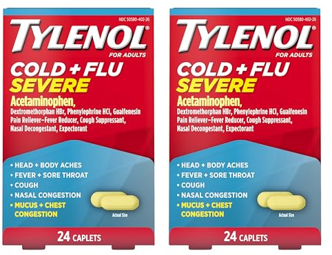 Tylenol Cold + Flu Severe Caplets, Fever Reducer, Pain Reliever, Chest Congestion Relief, Cough Suppressant, Nasal Decongestant and Expectorant with Acetaminophen, 2 Packs of 24 Count Each, 48 Count