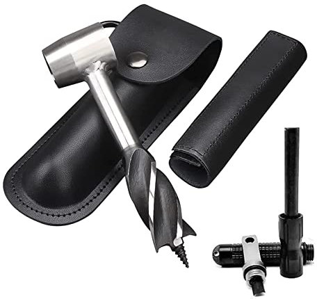 Bushcraft Gear pour colons de survie, clé à tarière manuelle avec silex, scotch œil à bois, cheville et outil de perçage manuel avec étui en cuir pour camping et randonnée en plein air