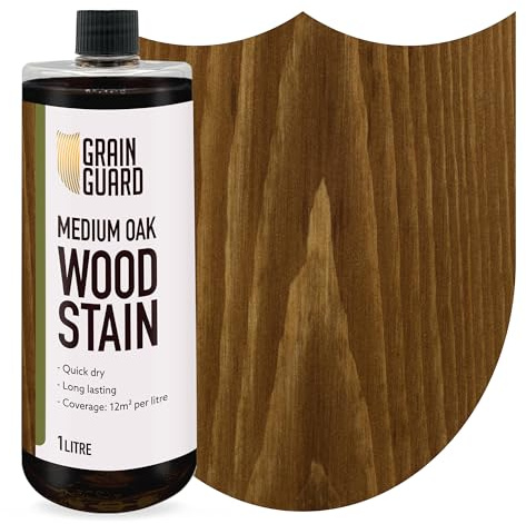 GRAIN GUARD Holzbeize | Mittleres Eichenholz | 1 Liter | Wasserbasiert & Geruchsarm | Umweltfreundlich und Nicht Toxisch | Holzbeize für Innenmöbel | Einfache Anwendung | Schnelltrocknend