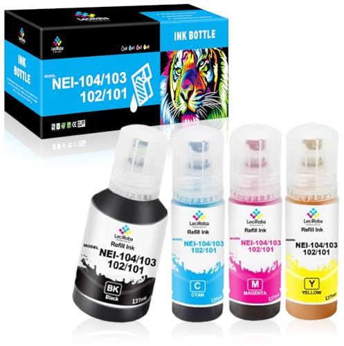 LeciRoba - Inchiostro E-104 per epson 104 103 102, per ET-2710 ET-2711 ET-2712 ET-2714 ET-2715 ET-2720 ET-2721 ET-2726 ET-2810 ET-2815 ET-2820 ET-2821 ET-2825 ET-2826 ET-4700 ET-4800 (4 pezzi)