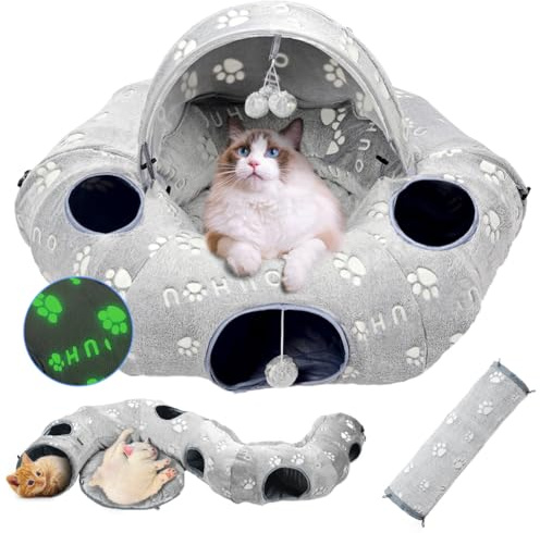 Cat Tunnel Bed, Cat Tunnels for Indoor Cats, Cat Donut Tunnel Toy with Washable Circle Cushion, Straight Shaped Tunnel, 4 Fluffy Balls, Blackout Tent, Self-Luminous Cat Toys（Grey）