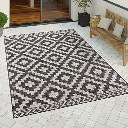 Paco Home Outdoor Teppich wetterfest modernes Boho Skandi Rauten-Muster Robustes Flachgewebe in Sisaloptik pflegeleicht ideal für Balkon, Terrasse & Küche, Grösse:80x250 cm, Farbe:Anthrazit