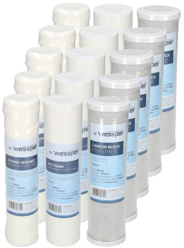 Wessper Set 15x Wasserfilter 10 Zoll | Universal Kartuschen für Hauswasserfilter, Brunnenwasserfilter: String-Filter, Schaumstofffilter, Aktivkohle Wasserfilter