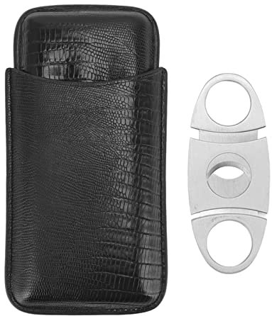 Luqeeg Estuche de Cuero para Puros de 3 Tubos, Humidores de Viaje de Cuero Negro Hechos a Mano para Puros con Cortador de Acero Inoxidable Plateado, Estuche de Bolsillo para Puros Portátil