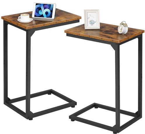 AMHANCIBLE Beistelltisch 2er Set, Beistelltisch Couch, Couchtisch C Form | Wohnzimmertisch mit Metallgestell, mobiler Kaffeetisch, Sofatisch für Kaffee und Laptop für Schlafzimmer, Wohnzimmer, Braun