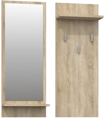 CDF Kleiderständer Riva | Farbe: Eiche Sonoma | Platz für Kleidungen, Mäntel, Jacken | Ideal für EIN Vorzimmer, Flur, Arbeitszimmer, Büro | 3 Haken | 2 Einlageböden | großer Spiegel