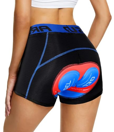 SECXEO Damen Radunterhose Gepolstert 5D Gel, Bequem Atmungsaktiv Fahrradunterhose Frauen Stoßfest Unterhose Mit Sitzpolster, Radlerhose Fahrradunterwäsche, Rot Blau L