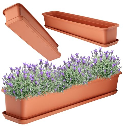 KADAX Jardinière 80 cm, en terre cuite avec soucoupe, jardinière de balcon en plastique, pour intérieur et extérieur, pour balcon, terrasse, rebord de fenêtre