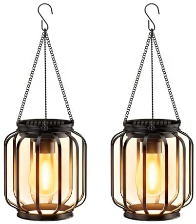BUCASA Farolillos Solares Exterior Colgantes, 2 Piezas Luz Solar Exterior Jardin con Bombilla LED, IP65 Impermeable Metal Lampara Solar Exteriors para Césped Balcón Patio Jardín Decoración