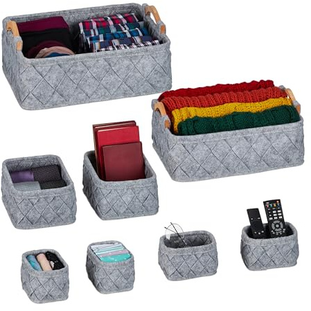 Relaxdays Schrank Organizer, 8-TLG, 4 Größen, Filz, Schubladen Ordnungssystem Kleiderschrank, Ordnungsboxen, hellgrau