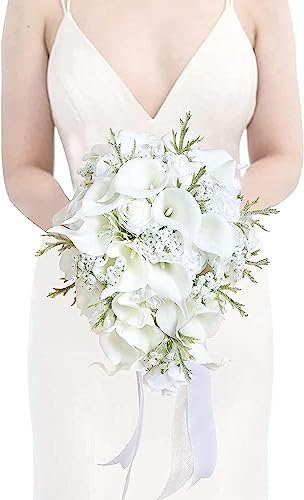 Blumenstrauß, Hochzeitsstrauß, Hochzeitsstrauß, Blumenstrauß, künstlicher Brautstrauß, 11 Zoll weißer künstlicher Hochzeitsstrauß Braut Brautstrauß Brautjungfernstrauß werfen