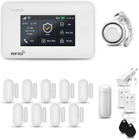 HUXGO® HXA006 Funk Alarmanlage Set WiFi + GSM 4G mit Sirene | Alarm System mit Bewegungsmelder, 9X Tür- Fenstersensor, Fernbedienung | Wohnmobil Alarmanlage | Smart Home Security