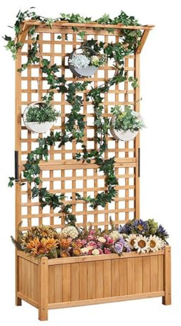 Hochbeet mit Sichtschutz Blumenkästen mit Gitter Pflanzkübel Mesh Planter Stand Holz-Pflanzkiste Topf Pflanzer Garten Dekoration Mesh-Klettergerüst Geeignet für Außenbereich Balkon