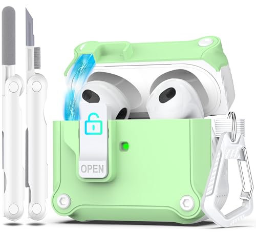R-fun - Funda para AirPods de 3.ª generación 2021, protección Total contra caídas, Tapa emergente automática para Apple Airpod 3 Gen con Kit de Limpieza y Llavero,Blanco/Avocado