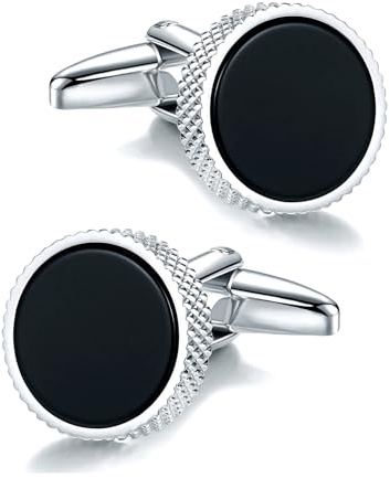 Mr.Van Manschettenknöpfe Herren Runde Form Schwarz Onyx Silber Basis Manschettenknopf für Männer Klassisch für Business, Hochzeit, Party, eleganter Stil