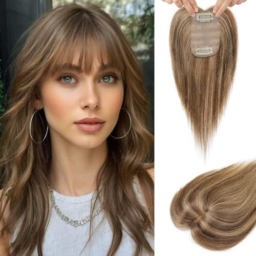 Flufymooz Real Human Hair Toppers for women Echthaar-Topper für Frauen, 26 cm Clip-in-Pony, 100% Echthaar-Topper für dünner werdendes Haarteil, Seidenbasis-Mittelbraun mit Blond