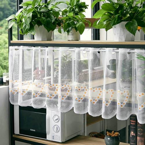 Beydodo Vorhang Halbtransparent Kurz, Küchengardine Landhausstil Stricken mit Gänseblümchen Herz Muster Weiß Gelb 180x60CM Scheibengardine Bistrogardine Küche, 1 Stück