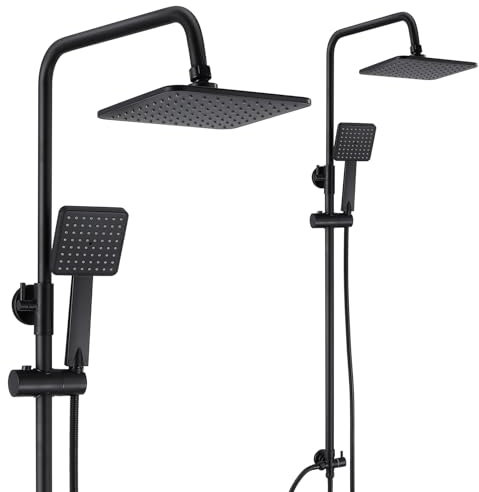 GOYOXOKY Duscharmatur Komplettset, Duschsystem ohne Armatur mit 8” Regendusche Duschkopf und 4” Handbrause, Verstellbare Duschsäule Edelstahl Duschset mit Messing Duschumsteller, Matt Schwarz