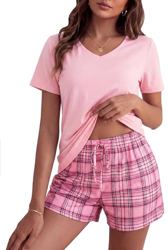 Bresdk Pijama Corto Mujer Algodón con Cuello de Pico y Manga Corta Verano | Punto de algodón elástico, cintura con cordón y bolsillos, para dormir y estar en casa