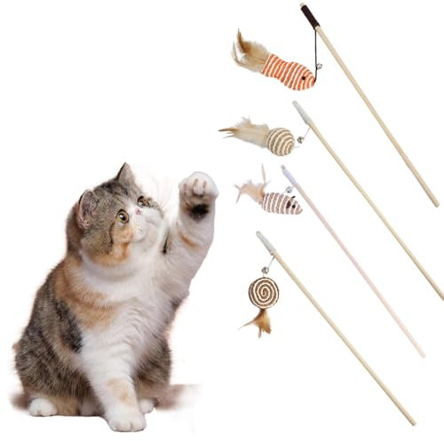 4 Stück Katzenspielzeug Feder, Interaktives Katzenangel Katze Spielzeug Katzenspielzeug-Stab mit Maus Fisch Vogel Plüschtier für Katzenbeschäftigung Katzen Spielzeug (4PC)