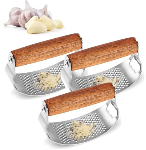 Stainless Steel Garlic Presser, 2025 New Wooden Handle Garlic Press Rocker, Garlic Mincer Tool Garlic Chopper Hand Garlic Grinder, Hand Press Garlic Dicer Garlic Crusher Kitchen Gadgets (3Pcs)