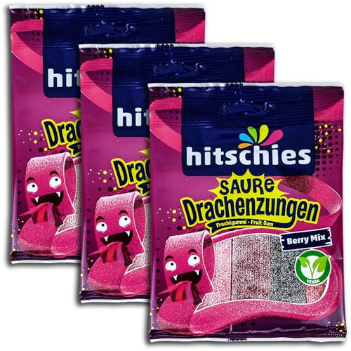 Hitschies, confezione da 3 pezzi di gomma per frutta con drago acido, mix vegano, 3 x 125 g