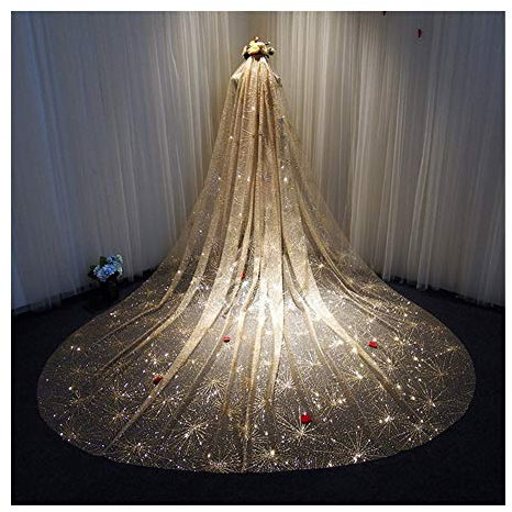 Voiles de mariée Voiles de mariée Blanc Ivoire Champagne Or Longue Cathédrale Feux d'artifice Voile à Paillettes avec Peigne Magnifique Tulle de mariée