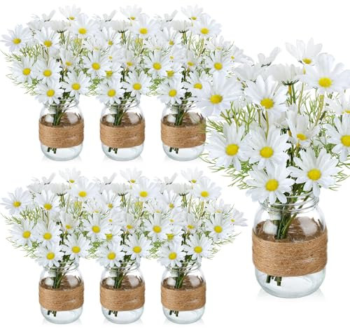 Yuxung 6 Sets Wedding Mason Jar Table Centerpiece Artificial Daisy Babys Breath Gypsophila Flowers Realistic Mason Jar Vases Table Decoration for Reception Engagement Bridal Shower Party(Daisy)