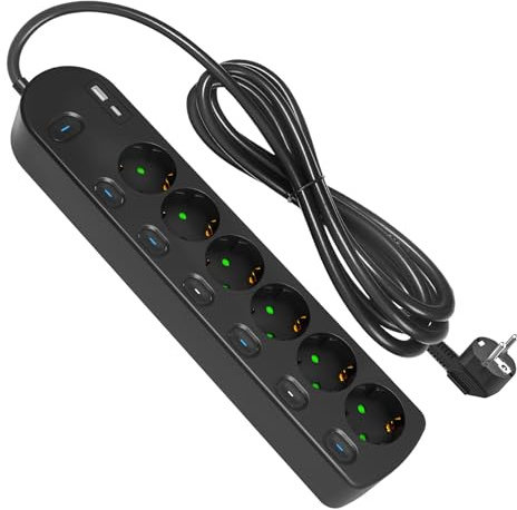 KS Steckdosenleiste 6 Fach, Mehrfachsteckdose einzeln schaltbar, Steckdosen 2 USB-Anschlüsse, 3680W/16A Steckerleiste 2m Verlängerungskabel für Büro