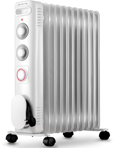 NETTA Oil Filled Radiator 2500W Portable Electric Heater with Thermostat & 24 Hour Timer 3 Power Settings Home Office Energy Efficiency – 11 Fin, White