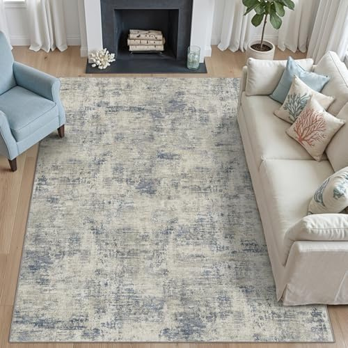 DEXI Modern Abstrakt Teppich Wohnzimmer 152 x 244 cm, rutschfest Wohnzimmerteppich Waschbar Kurzflor Bettvorleger Teppiche für Schlafzimmer, Esszimmer, Büro, Blau