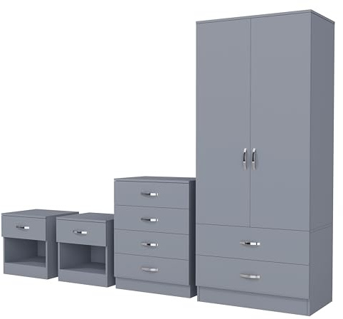 Nera Grey 4 Piece Bedroom Furniture Set 2 Door Wardrobe with 2 Drawers Chest of 4 Drawers & Two Bedside Table Bedroom Set