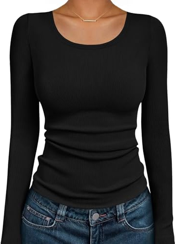 Ekouaer Women's Ribbed Long Sleeve Tops Scoop Neck Slim Fit Undershirts Basic Casual Stretch Layering Tee Shirts Black S