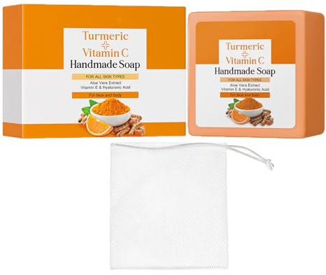 Turmeric Soap, Kojisäure Seife, Vitamin C Seifenstück, Sanften Reinigung der Haut, Natürliche Handgefertigt Kurkuma Seife für Gesicht und Körper, mit Seifenbeutel, Tiefenreinigung (1)