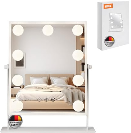 HENKi Schminkspiegel mit Beleuchtung Hollywood Spiegel - Vanity Mirror mit 9 LED Klein Kosmetikspiegel mit Licht 360° Drehung Tischspiegel 3 Modi Schminktischspiegel Touch Dimmbar